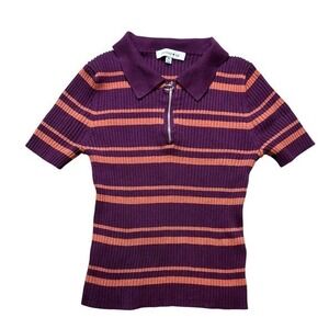 Hooked Up Ribbed Knit Polo Women Size M Purple Orange Striped Quarter Zip